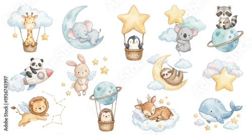 Watercolor baby animals in space clipart set with moon, stars, clouds, cute. Collection of Vector illustrations. Perfect for invitation, card, poster, banner, decoration