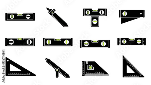 Black and white vector icons of various spirit levels and set squares EPS10 Stock.eps