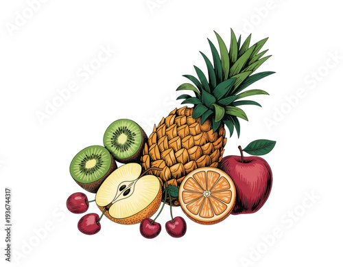 Assorted tropical and berry fruits arranged together in a colorful display isolated on transparent background