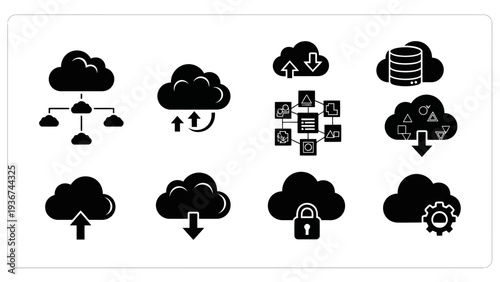 Black glyph cloud computing vector icons data network storage security EPS10 Stock.eps