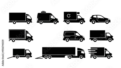 Black Vector Icons Set Diverse Delivery Logistics and Transport Vehicles EPS10 Stock.eps