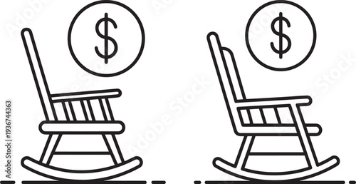 Two rocking chairs with dollar signs above, symbolizing retirement, financial security, and comfortable senior living.