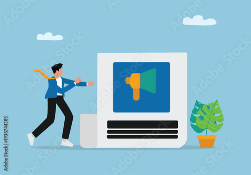 Business communication and marketing concept illustration showing professional person running toward giant document with megaphone icon representing announcement