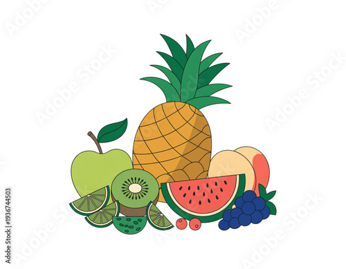 Fresh tropical fruits and vegetables arranged in a colorful and appetizing display isolated on transparent background