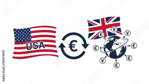 Global financial transaction vector illustration USA UK flags Euro Yen currency symbols EPS10 Stock.eps