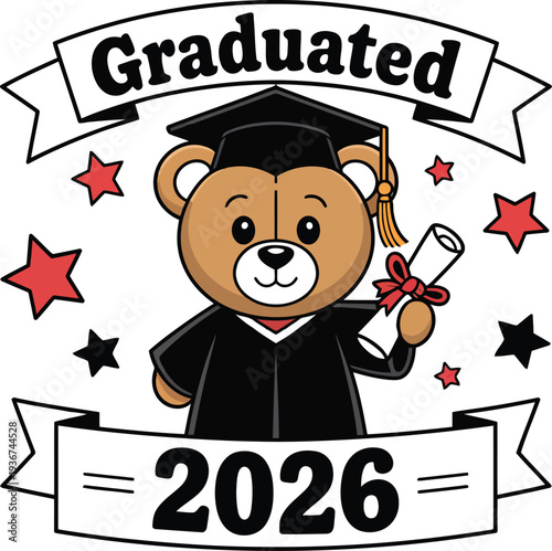 A cute brown bear in graduation cap and gown holding a diploma