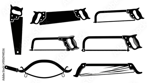 Hand Saws Hacksaws Bow Saw Black Silhouette Vector Icons Set EPS10 Stock.eps