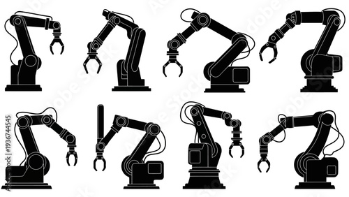 Industrial Robotic Arm Black Silhouette Vector Icons Set EPS10 Stock.eps
