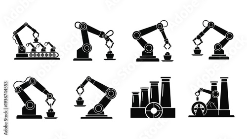 Industrial Robotic Arms and Factory Automation Vector Icons Flat Silhouettes EPS10 Stock.eps