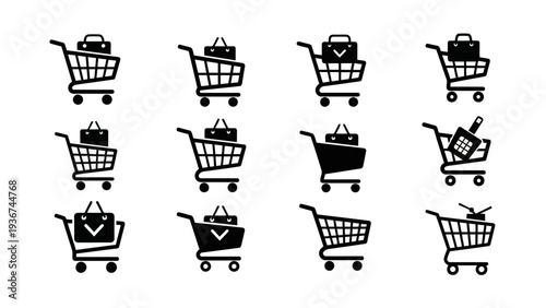 Vector Glyph Shopping Cart Icons Set Black and White E commerce Symbols EPS10 Stock.eps