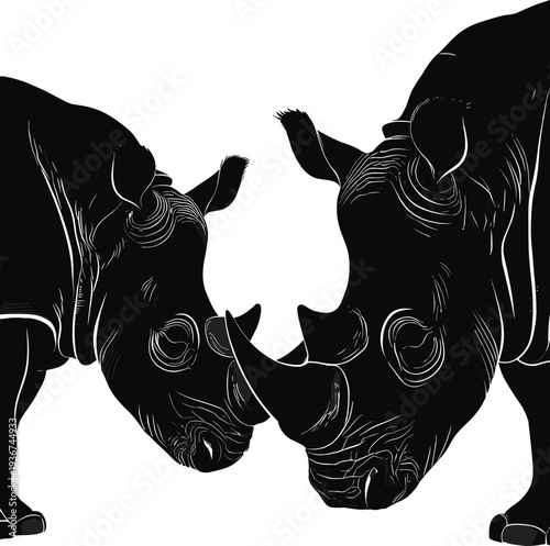 Two rhinoceros silhouettes facing each other with powerful horns, wildlife animal illustration isolated on light background, dramatic confrontation concept, strong endangered species design