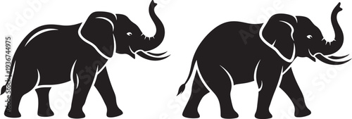 Two black elephant silhouettes walking side by side, symbolizing strength, nature, and the wild African savanna.
