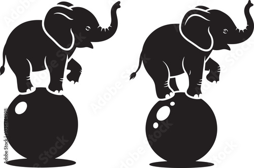 Whimsical silhouette of a baby elephant balancing on a large ball, suggesting themes of childhood joy, performance, and overcoming challenges.