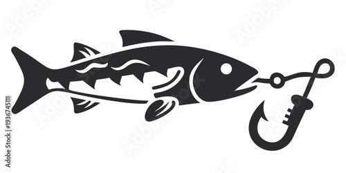 Salmon Fish Biting Hook Silhouette Vector Illustration