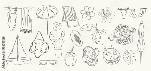hand drawn summer vacation collection with beach umbrella swimsuit sailboat tropical fruit flower shell sunglasses and picnic elements. minimal line art illustration set