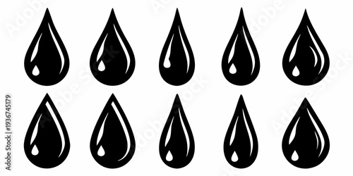 Black Water Drop Vector Icon Set - Minimalist Liquid Droplet and Oil Rain Silhouettes