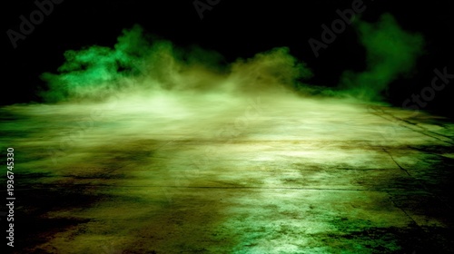 Green smoke spreading across grungy concrete floor under darkness