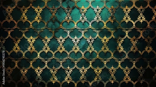 Ornamental gold lattice overlay on teal textured surface