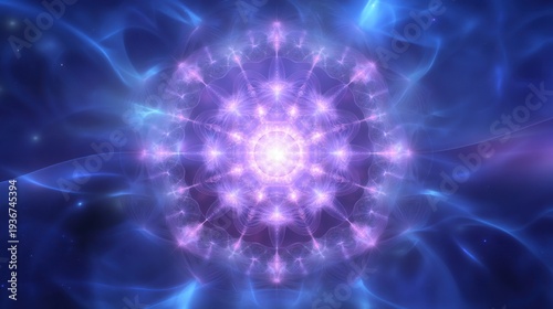 Purple energy mandala emitting light within cosmic haze