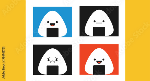 Four Japanese onigiri rice ball characters with different emotions displayed on vibrant colored backgrounds.