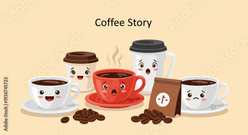 Group of cute animated coffee cups and bags with various facial expressions telling a funny story.
