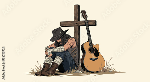 Sad musician sitting on the ground leaning against a wooden cross with his acoustic guitar beside him.