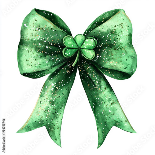 Simple watercolor illustration of a green bow for St. Patrick’s Day, isolated on a clean white background.