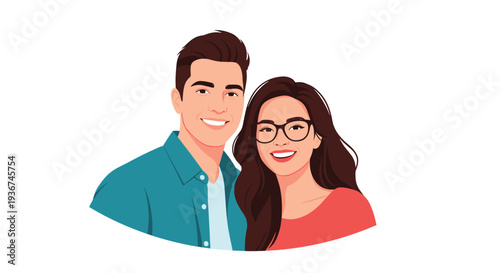 Portrait of a happy young couple smiling together with the woman wearing glasses and a red top.