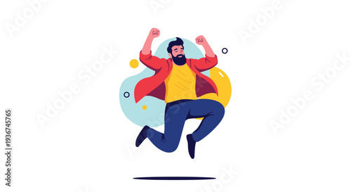 Energetic man with a beard jumping in the air with joy and excitement against a colorful abstract backdrop.