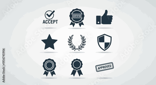 Quality Assurance Icons: Approved, Certified, Star, Shield, Thumbs Up, Accept, Award Badges