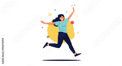 Happy woman jumping high with arms outstretched in a celebratory and joyful pose with abstract elements.