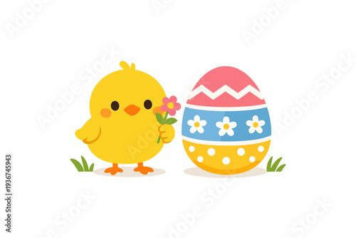 Cute Easter chick with decorated egg illustration