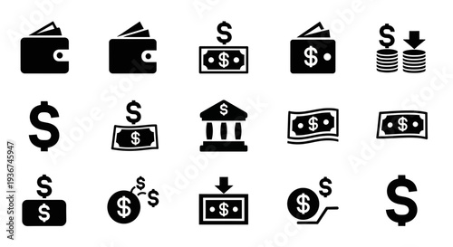 Money Icons Set: Wallet, Cash, Coins, Bank, Dollar Sign, Financial Transactions