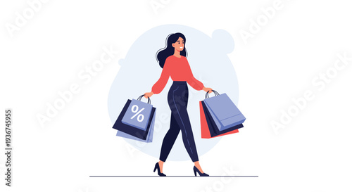Stylish woman walking confidently while carrying multiple shopping bags with percentage signs for sales.
