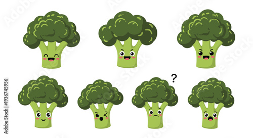 Set of seven cute broccoli floret characters with different facial expressions for kids food education.