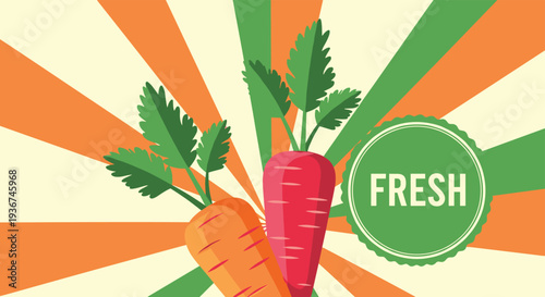 Brightly colored orange and red carrots with green tops featured with a fresh label for healthy food themes.