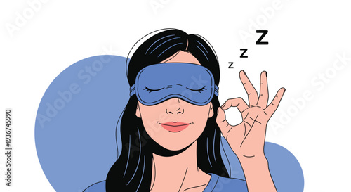 Peaceful woman wearing a blue sleep mask and making an okay sign while sleeping soundly.