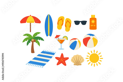 Colorful summer beach vacation icons set illustration