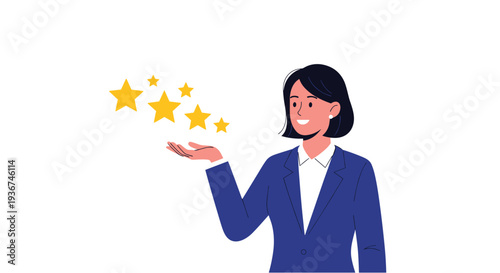 Professional businesswoman presenting five gold stars indicating high quality service and customer satisfaction for a successful company.