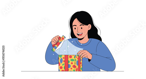 Excited young woman opening a colorful gift box with magical sparkles coming out of it during a special celebration or holiday event.