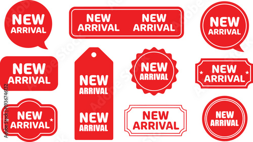 Collection of red new arrival stickers and tags