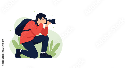 Professional male photographer kneeling and focusing his camera to capture a perfect shot during a creative media or journalism project.