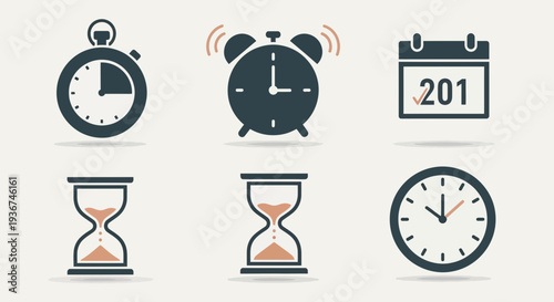 Time Management Icons: Clock, Calendar, Stopwatch, Alarm, Hourglass