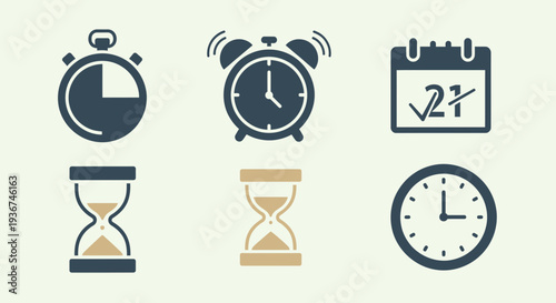 Time Management Icons: Stopwatch, Alarm Clock, Calendar, Hourglass, Wall Clock