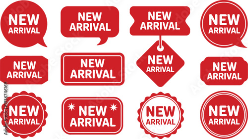 A collection of red new arrival stickers on a white background