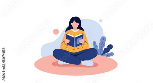 Young woman sitting cross-legged and reading a book for education or leisure in a peaceful and relaxing indoor or outdoor setting.