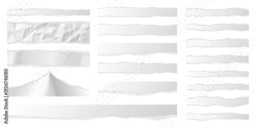 Realistic white torn paper strips with ripped edges and crumpled texture on white background vector illustration