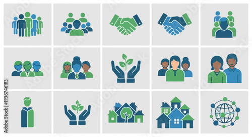 Diverse Business and Community Icons: People, Handshake, Growth, Houses, Global Network