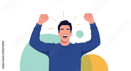 Extremely happy and excited man celebrating his success with raised fists and a big smile against a colorful abstract background.