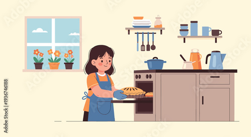 Young girl in an apron taking a freshly baked pie out of the oven in a cozy kitchen filled with plants and cooking utensils.